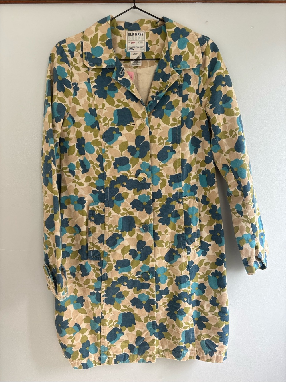 Old Navy Floral Trench Coat - Blue & Cream